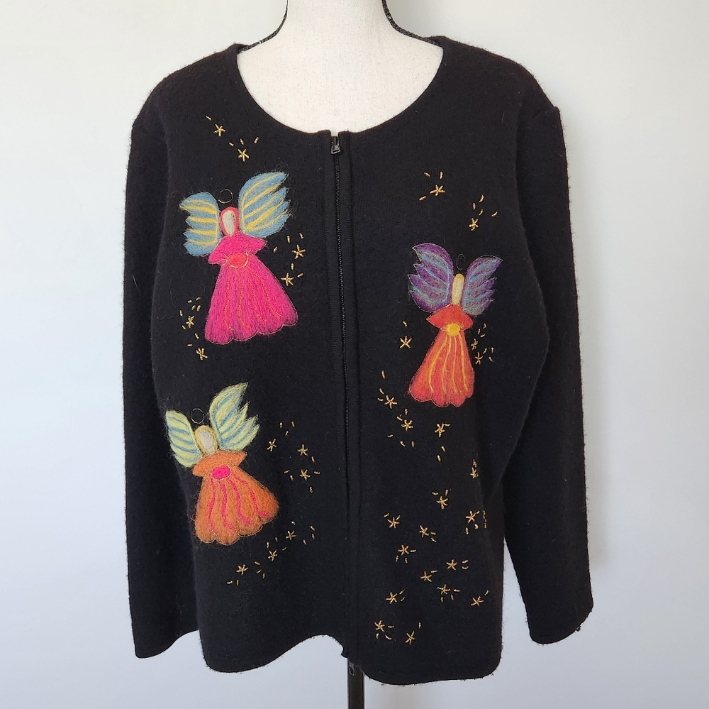 Talbots Vintage Angel Wool Zip Cardigan Sweater Textured Embroidered Grannycore